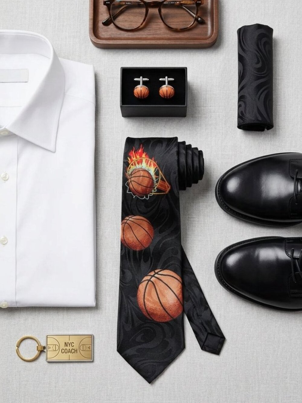 Renaissance Men's Black Pointed Hand Made Woven Novelty Basketball Flames Tie